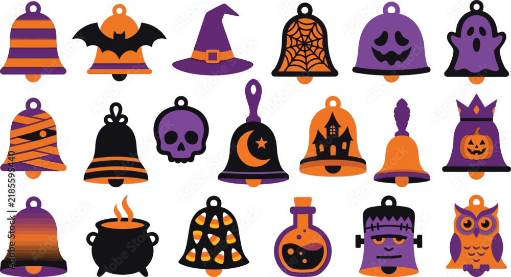 Naklejka premium Set of festive halloween bells and spooky icons in purple and orange flat vector style for holiday decoration