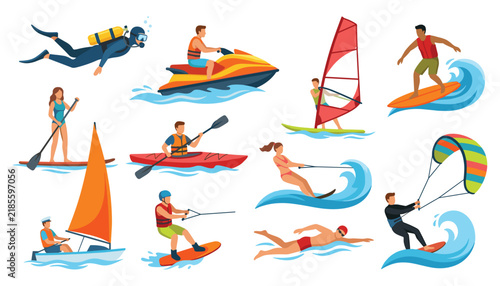 Water sports activity vector set with surfing kayaking scuba diving jet ski windsurfing paddleboarding and kitesurfing characters