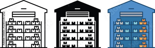 Set of warehouse storage icons showing boxes on metal shelves