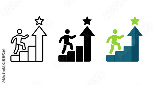 Person climbing stairs to reach success star icon set with career path
