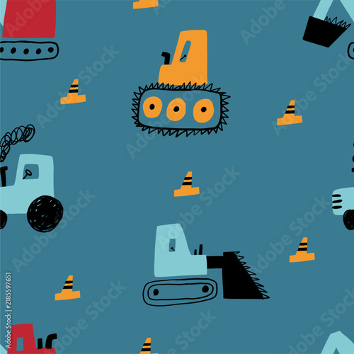 Cute little cars, truck. Cartoon cars adventures. Doodle hand drawn vector seamless pattern