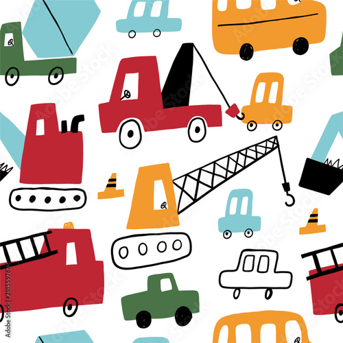 Cute little cars, truck. Cartoon cars adventures. Doodle hand drawn vector seamless pattern