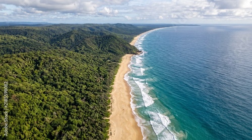 Aerial view of a pristine sandy beach meeting lush green rainforest and turquoise ocean waves