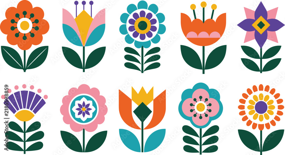 Obraz premium Modern flowers icons set in geometric flat style. Retro design with bright colorful floral elements. Scandinavian folk vector illustrations collection