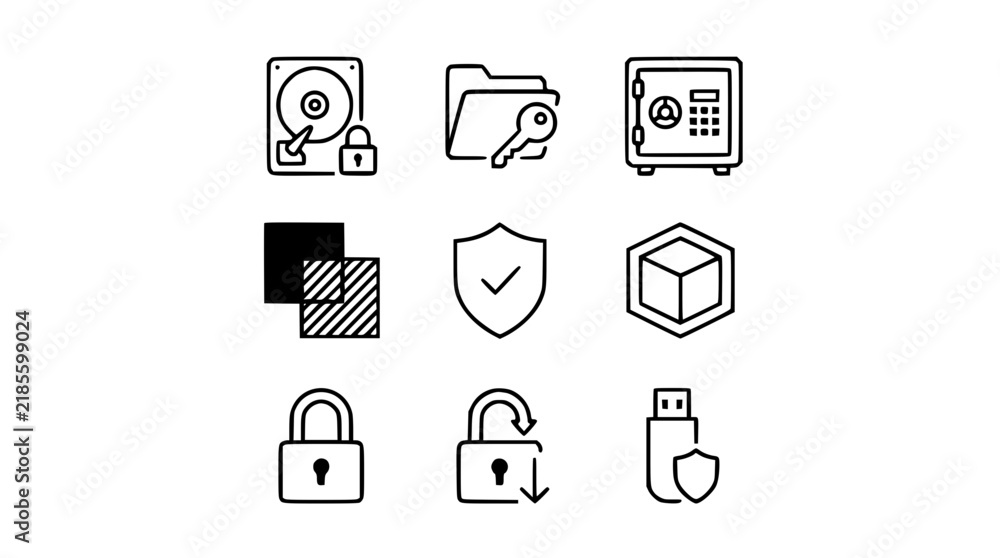 Fototapeta premium Security Icons: Hard Drive Lock, Folder Key, Safe, Shield, USB Drive, 3D Cube, Layers - Line Art