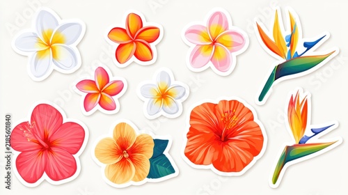 A collection of colorful tropical flower illustrations, including plumeria, hibiscus, and bird of paradise, displayed on a white background.