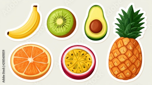 Colorful digital illustrations of various tropical fruits including banana, kiwi, avocado, orange, passion fruit, and pineapple on a neutral background.
