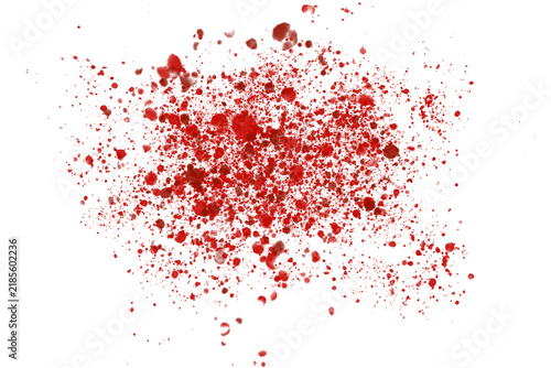 Red Ink Splatter Explosion: A dynamic burst of vibrant red ink splatters across a clean white background, creating an abstract and energetic artistic effect.
