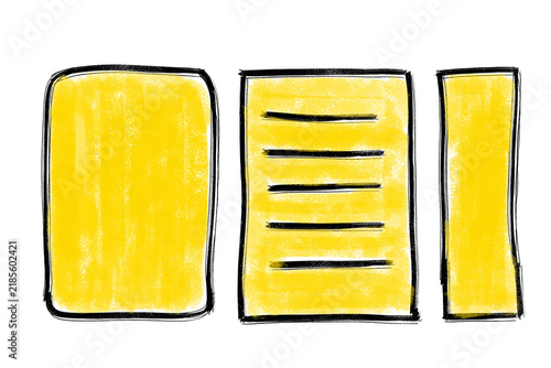 Three Yellow Rectangles: Three hand-drawn yellow rectangles of varying sizes stand isolated, representing different forms of information or data, perhaps a blank page, a document with lines.