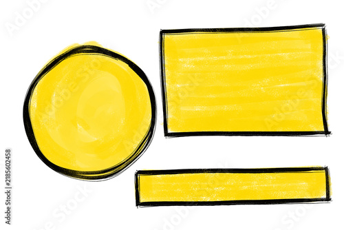 Yellow Shapes: A graphic representation featuring a yellow circle, a yellow rectangle, and a yellow horizontal bar with black outlines, rendered in a simple, hand-drawn style.