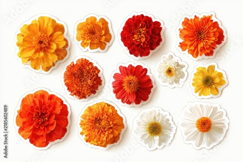 A collection of twelve vibrant orange, red, and white zinnia flower stickers arranged on a white background.