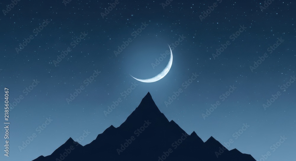 Obraz premium Crescent moon shining brightly over a silhouetted mountain peak at night