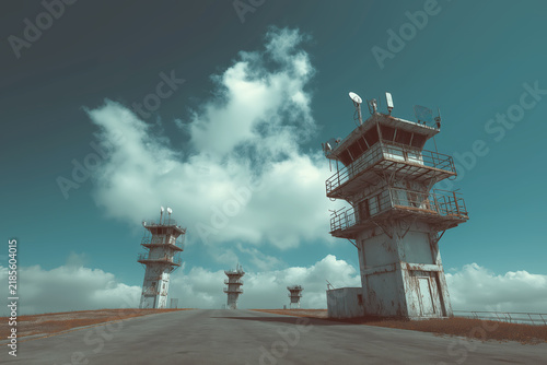 Concrete Control Towers Standing Along Empty Road Under Cloudy Sky Background