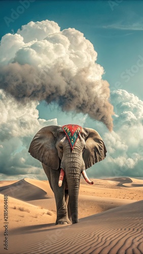 elephant walking among the desert and sky clouds landscapes surreal