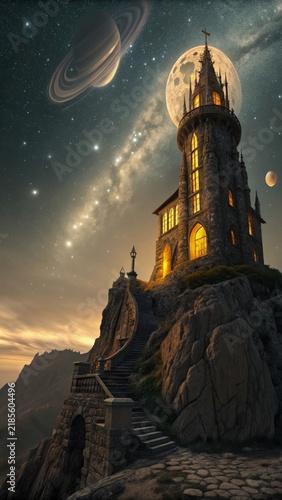 Lighthouse tower under the night sky with moon, clouds and silhouette of old city architecture at sunset
