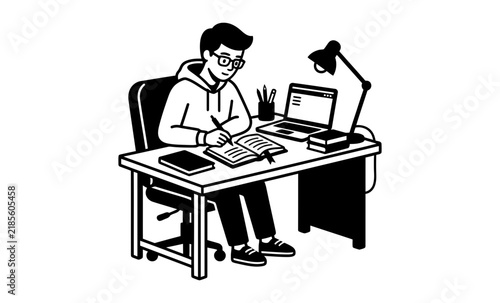 Student Studying at Desk Vector Illustration
