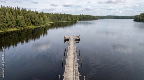 Wooden pier extending into a calm lake surrounded by dense green forest under a cloudy sky