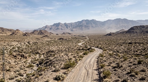 Winding dirt road through a vast desert landscape with distant mountains under a clear blue sky
