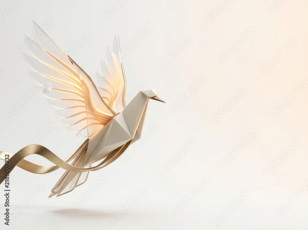 Fototapeta premium Elegant origami crane with golden wings floating against soft backdrop