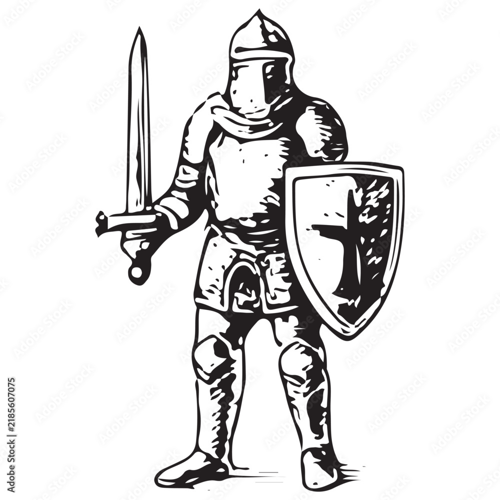 Obraz premium Medieval Knight with Sword and Shield for Kingdom Heraldry and Fantasy Design