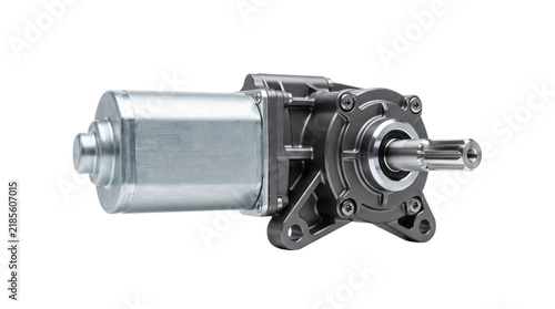 Powerful industrial electric motor featuring silver metal casing and rotating drive shaft on white background