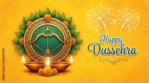 Happy Dussehra Banner with Golden Bow Arrow Circle Frame and Lit Diya Lamps.