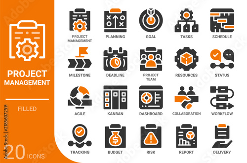 project management filled glyph icon collection for web, app, UI, UX, dashboard, presentation and infographic and print design