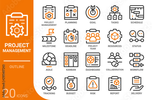 project management outline icon collection for web, app, UI, UX, dashboard, presentation and infographic and print design