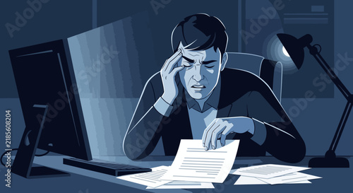 Exhausted Businessman Working Late Night Overwhelmed By Tasks And Deadlines