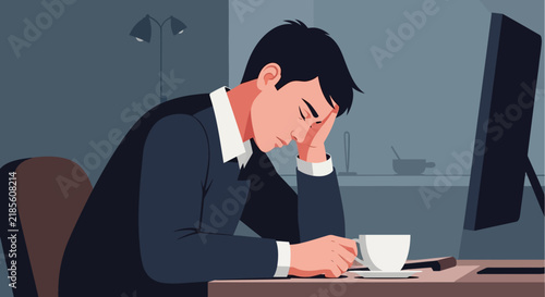 Exhausted Businessman Working Late At Night With Coffee Cup