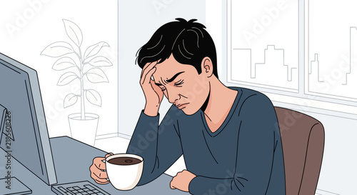 Exhausted Man Experiencing Headache While Working Late In An Office