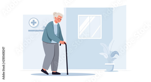 Elderly Woman With Cane Walking In A Bright Room