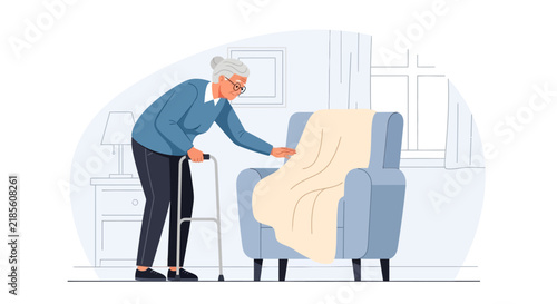 Elderly Woman With Walker Adjusting Blanket On Armchair In Cozy Room