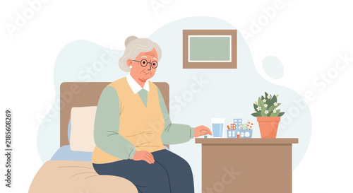 Elderly Woman With Medications And Water On Nightstand