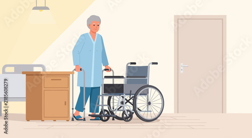 Elderly Woman With Walker And Wheelchair In Healthcare Setting