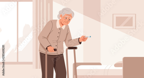 Elderly Woman With Thermometer And Cane In A Room