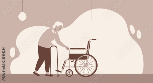 Elderly Woman With Walker Approaches Wheelchair For Assistance And Support