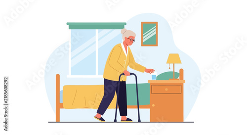 Elderly Woman With Walker In Bedroom Receiving Care And Assistance
