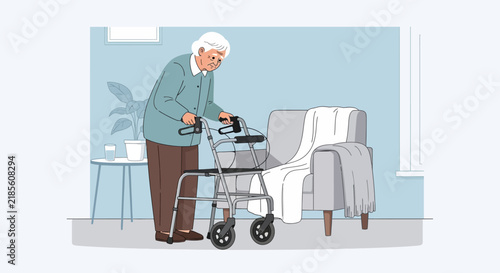 Elderly Woman With Walker Navigates Home Environment