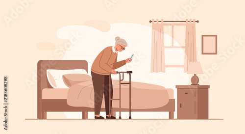 Elderly Woman Using Mobile Phone With Walker In Bedroom