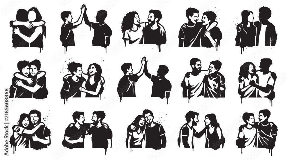 Obraz premium Friendship Spray Paint Stencil Vector Clipart Set Featuring People Hugging and Laughing