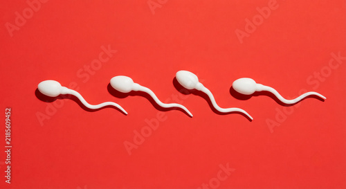 Four white sperm cell models arranged in a horizontal row moving from left to right against a vibrant red background.