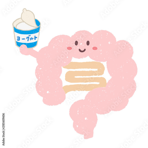 ヨーグルトを手に持つかわいい腸のキャラクター