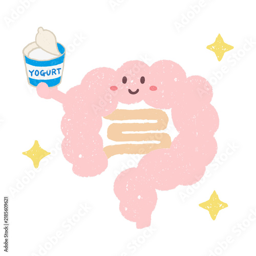 ヨーグルトを手に持つかわいい腸のキャラクター