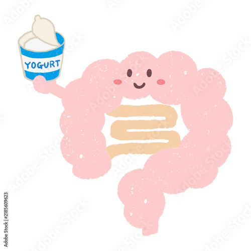 ヨーグルトを手に持つかわいい腸のキャラクター