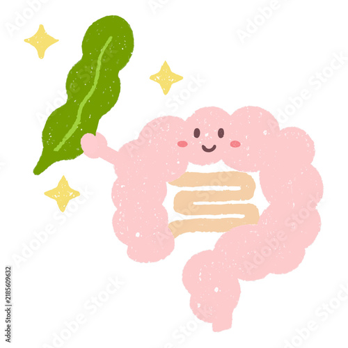 昆布　海藻を持つ手描きのかわいい腸のキャラクター