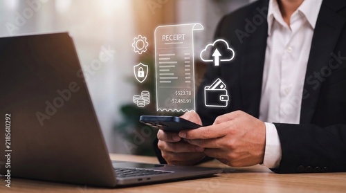 digital receipt management and cloud expense tracking system. automated financial data processing with secure encryption. businessman syncing digital receipts and transaction history to cloud storage.