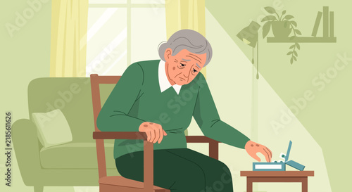 Elderly Woman In Green Sweater Looking Sad At Pill Box