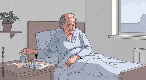 Elderly Woman In Bed Taking Medication At Nighttime