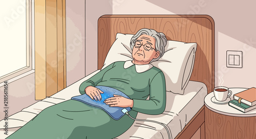 Elderly Woman Finds Comfort With Heating Pad In Cozy Bedroom